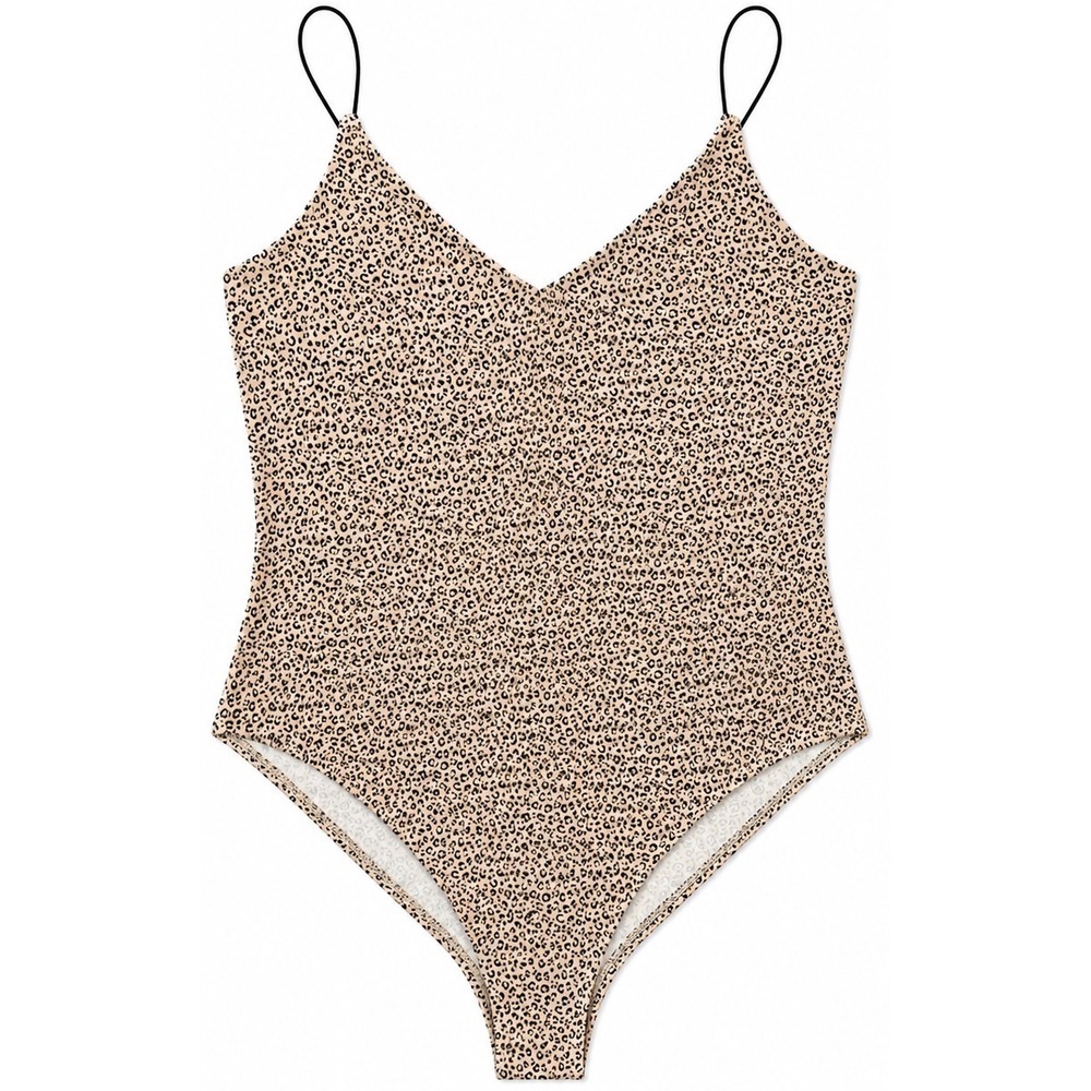 Gaze Leopard Print Bodysuit Tan Black V-Neck Spaghetti Strap Womens Large L
